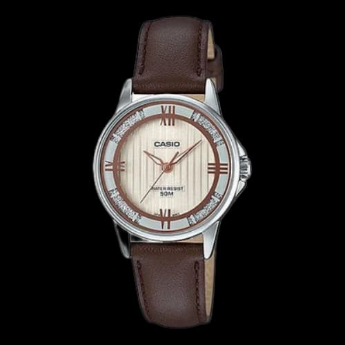 CASIO ins Influencer Fashion Business Casual Classic Pointers Brown Dial Waterproof Quartz Leather Strap Watch