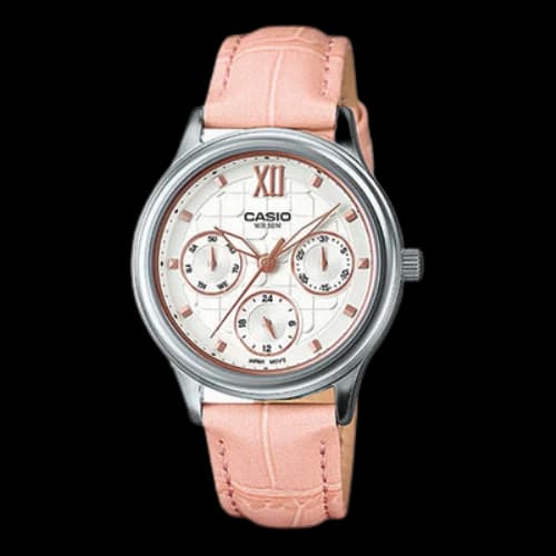CASIO Leather Strap Silvery Dial Waterproof Pink Analog