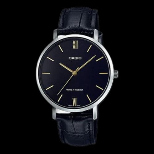 CASIO Leather Band Waterproof Quartz Black Analog