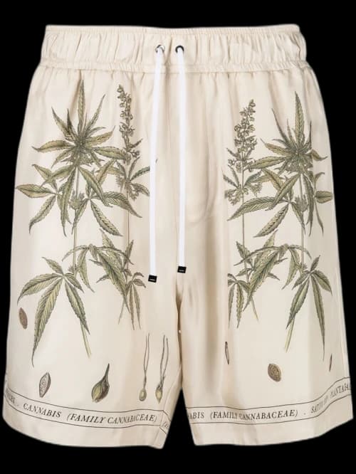 AMIRI Botanical Leaves Drawstring Silk Shorts Cream