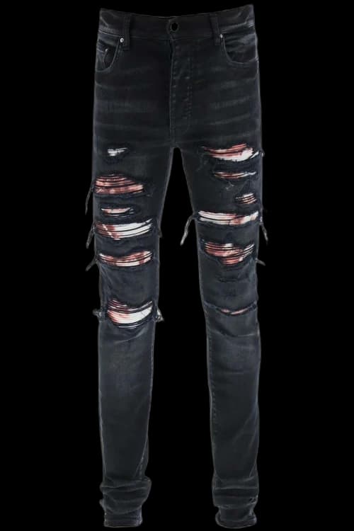 AMIRI Logo Patch Ripped Slim Cut Jeans Black