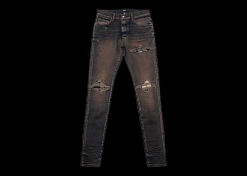 AMIRI MX1 Plaid Distressed Skinny Fit Jeans Dark Indigo