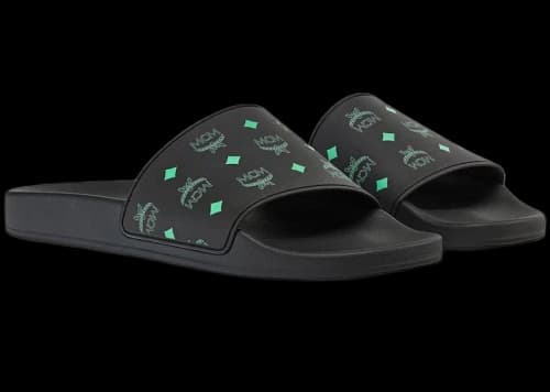 MCM Monogram Print Rubber Slides Black Splash Green