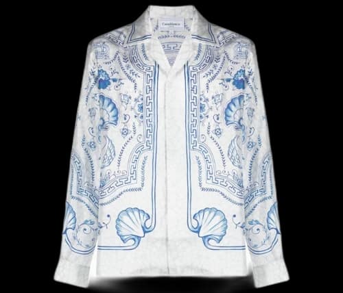 Casablanca Graphic Print Silk Shirt Off-White/Navy Blue