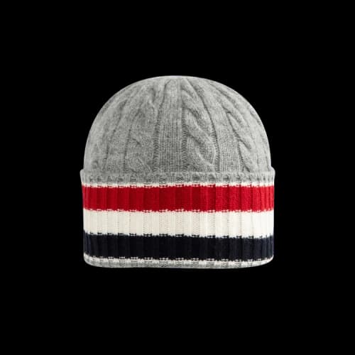 Thom Browne Cable And Rib Beanie In Merino Wool W/ RWB Stripe 'Light Grey'