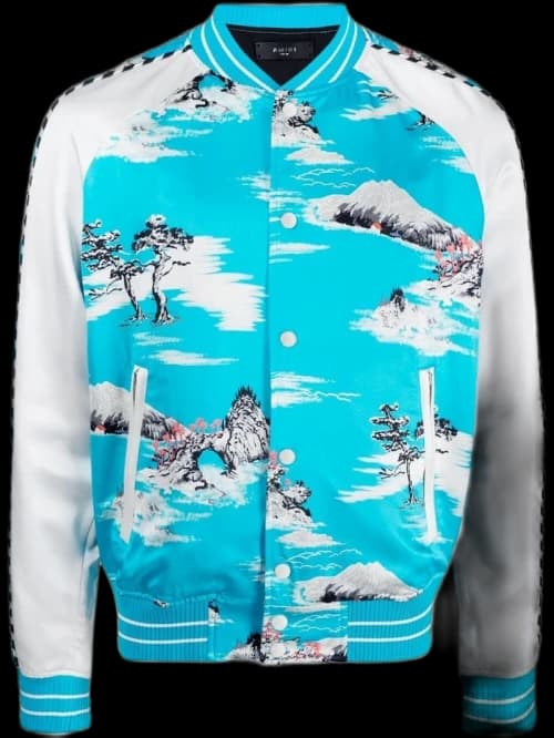 AMIRI Hawaiian Print Bomber Jacket Cyan Blue