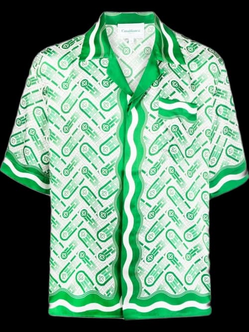 Casablanca Ping Pong Monogram Short Sleeve Silk Shirt Green