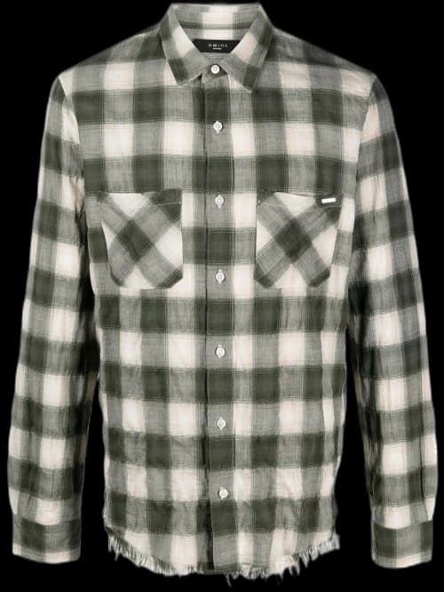 AMIRI Sunfaded Check Raw Cut Flannel Shirt Military Green