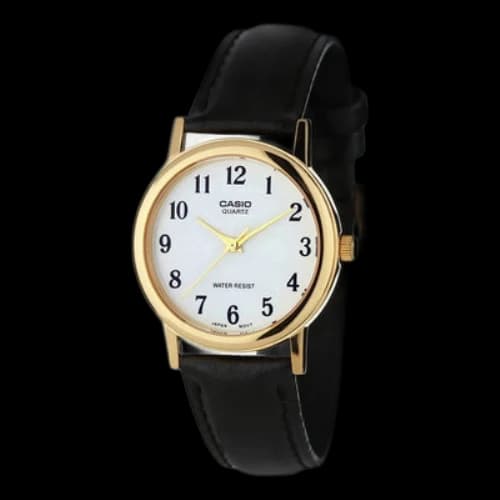 CASIO Leather Blac kStrap Gold Dial Analog