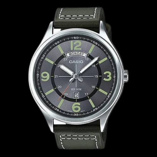 Casio Business Minimalistic Leather Strap Analog Watch 'Green Black'