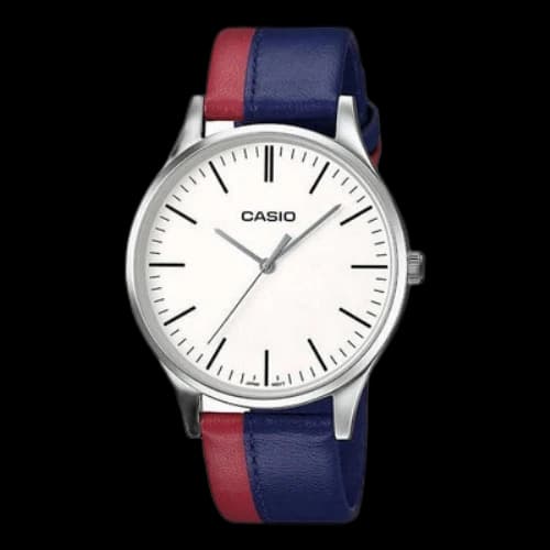 CASIO Dress Series Leather Strap White Dial Pointer Display Quartz Watch Blue Red Analog Mens