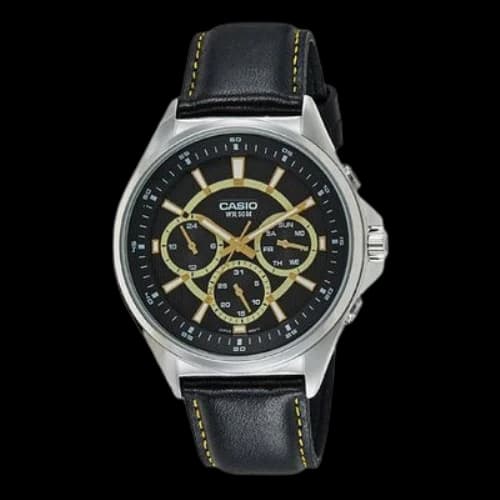 CASIO Waterproof Quartz Watch Three Eyes Stainless Steel Strap 47.5mm Belt Mens Black Analog
