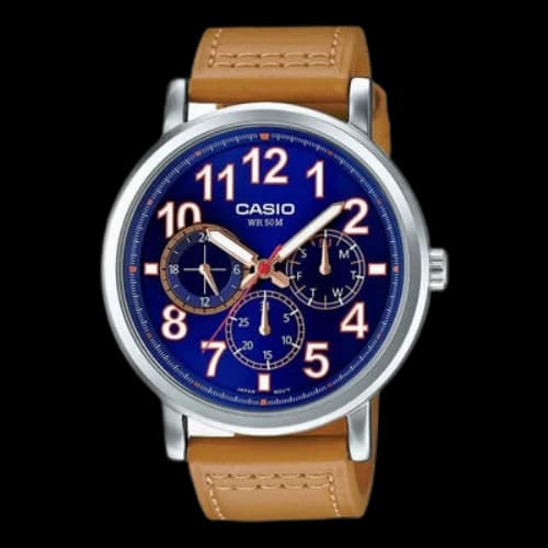 CASIO Quartz Watch Leather Strap Blue Dial 50m Waterproof Analog Mens