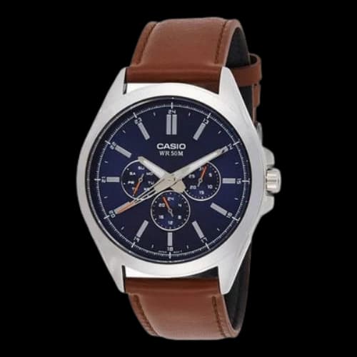 CASIO Waterproof Quartz Watch Three Eyes Blue Dial 45mm Belt Mens Brown Analog