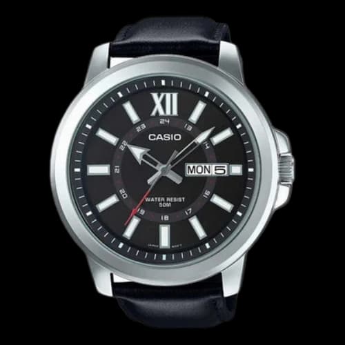 CASIO Quartz Watch Leather Strap Black Dial 50m Waterproof Analog Mens