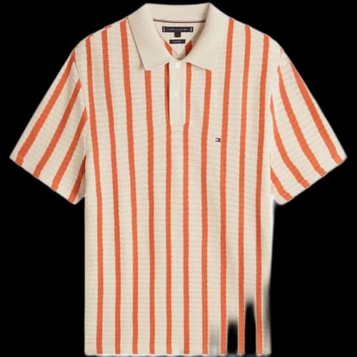 Tommy Hilfiger SS26 Knitwear Men's Orange Ecru Stripes 0DO Lapel Thin Other