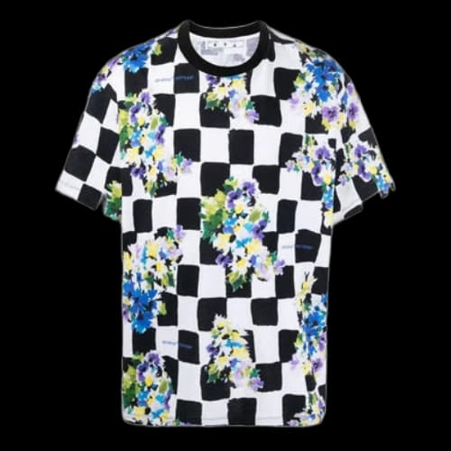 Off-White SS22 Plaid Flowers Printing Round Neck Short Sleeve Loose Fit Black T-Shirt