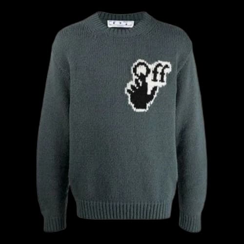 Off-White FW21 Chest Intarsia Knit Logo Round Neck Long Sleeves Wool Sweater Loose Fit Green