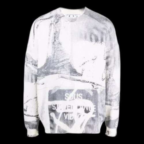 Off-White FW21 Abstract Printing Round Neck Pullover Wool Sweater Loose Fit White