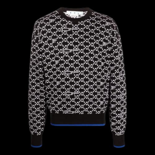Off-White SS22 Logo Intarsia Knit Round Neck Long Sleeves Wool Sweater Black