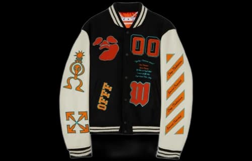 Off-White Graphics Leather Varsity Jacket 'Black/Orange'