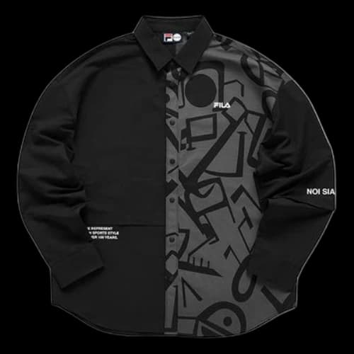 FILA FUSION Character Printing Contrasting Colors Casual Loose Long Sleeves Dark Black Shirt