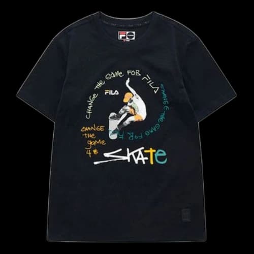 FILA FUSION Casual Sports Skateboard Pattern Printing Short Sleeve Black