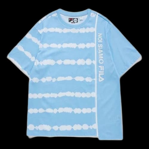 FILA FUSION Tie Dye Printing Irregular Splicing Loose Knit Short Sleeve Blue White T-Shirt