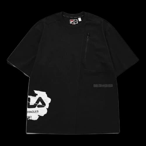 FILA FUSION Logo Printing Splicing Sports Loose Short Sleeve Black