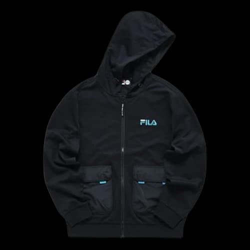 FILA FUSION Big Pocket Splicing Logo Hooded Knit Jacket Dark Black