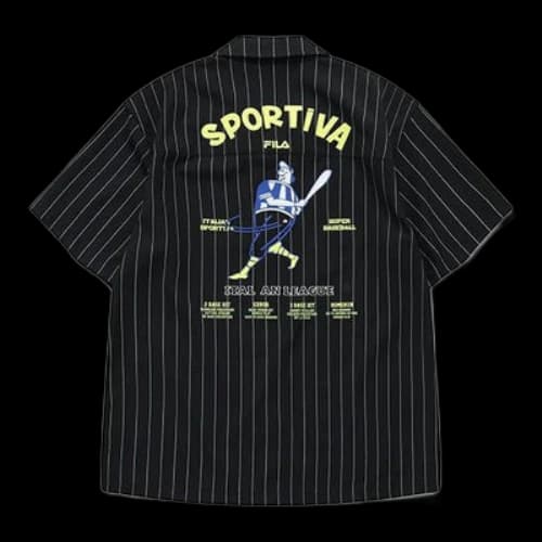 FILA FUSION Cartoon Printing Loose Stripe Short Sleeve Shirt Couple Style Black