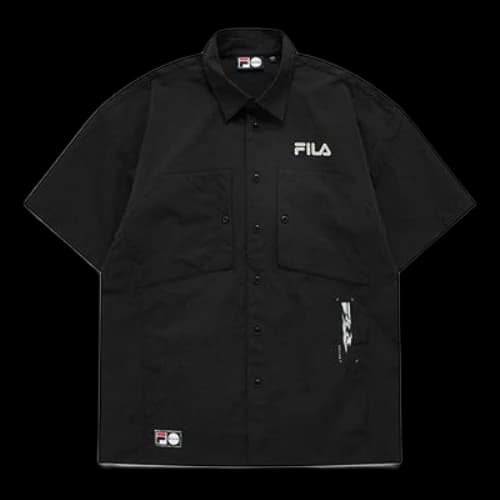 FILA FUSION Logo Printing Cargo Loose Woven Short Sleeve Shirt Couple Style Black