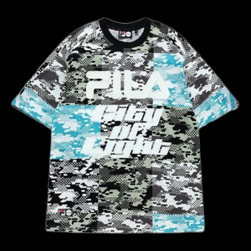 FILA FUSION Camouflage Full Print Logo Sports Loose Round Neck Short Sleeve Couple Style Blue