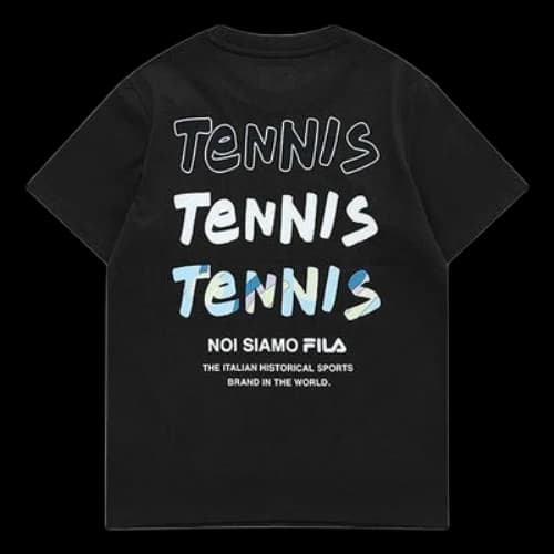 FILA FUSION Alphabet Printing Round Neck Tennis Short Sleeve Dark Black T-Shirt