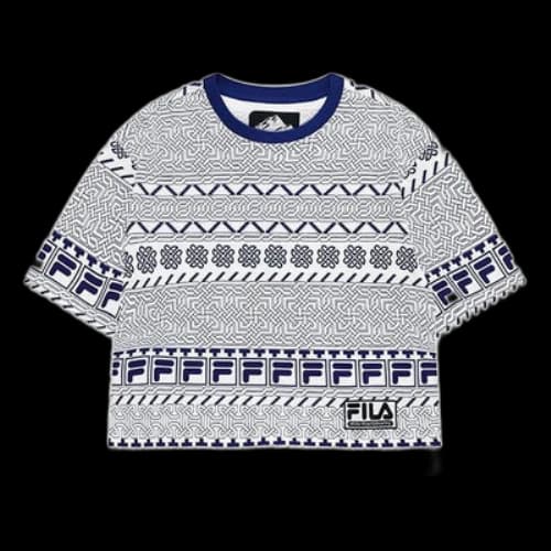 FILA FUSION x WM White Crossover Printing Loose Round Neck Short Sleeve Blue Totem T-Shirt