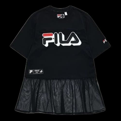 FILA FUSION Logo Printing Mesh Splicing Loose Short Sleeve Dark Black T-Shirt