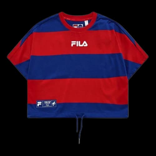 FILA FUSION Contrasting Colors Stripe Loose Round Neck Short Sleeve Blue
