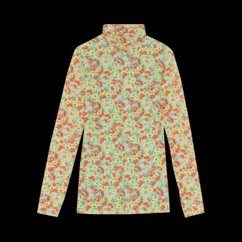 GANNI Fitted Printed Mesh Rollneck Long-Sleeve 'Meadow Celadon Green'