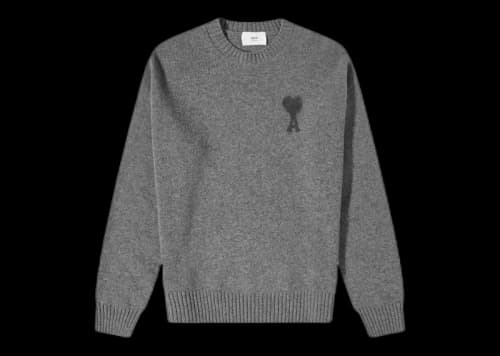 Ami Paris Tonal Small A Heart Cotton Knit Crewneck Heather Grey