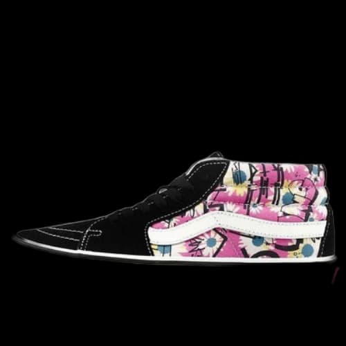 Vans Sk8-Mid Retro High Top Casual Skate Shoes Unisex Flowers Graffiti 'Black Pink White'