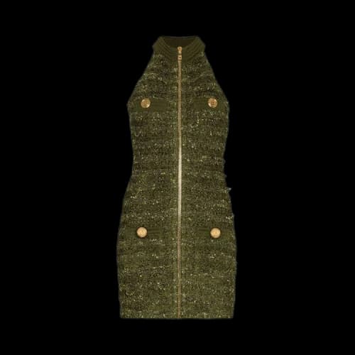 Balmain Sleeveless Zipped Tweed Dress 'Military Green'