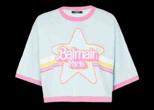 Balmain x Barbie - Blue Cotton Cropped T-shirt with Pink Balmain Logo Print