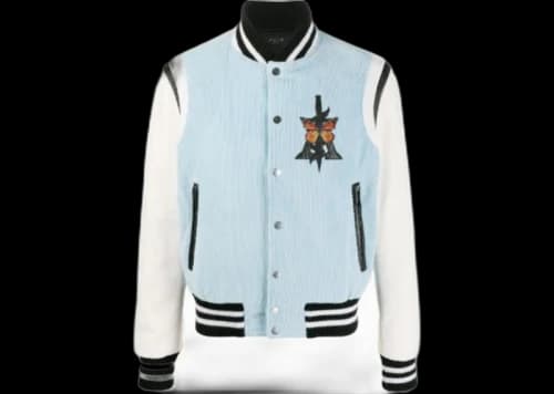 AMIRI Corduroy/Leather Varsity Jacket Light Blue/Natural