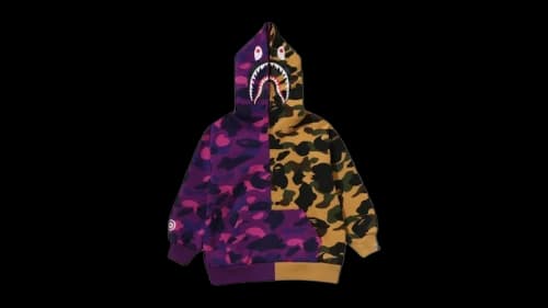 BAPE Kids Split Camo Shark Relaxed Fit Pullover Hoodie Purple/Yellow