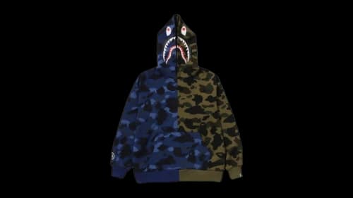 BAPE Kids Split Camo Shark Relaxed Fit Pullover Jr Hoodie Navy/Green