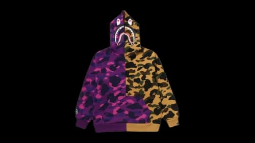 BAPE Kids Split Camo Shark Relaxed Fit Pullover Jr Hoodie Purple/Yellow