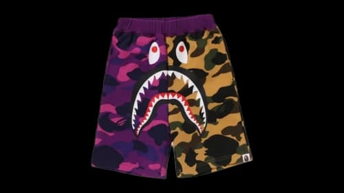BAPE Kids Split Camo Shark Sweat Shorts Purple/Yellow