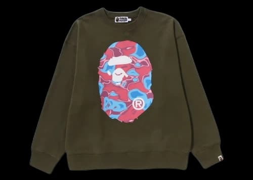BAPE Liquid Camo Ape Head Relaxed Fit Crewneck Olivedrab