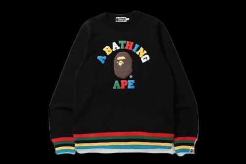 BAPE Multi Color Letters College Line Rib Crewneck Black