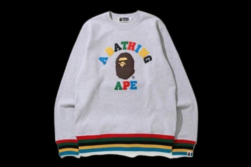 BAPE Multi Color Letters College Line Rib Crewneck Grey